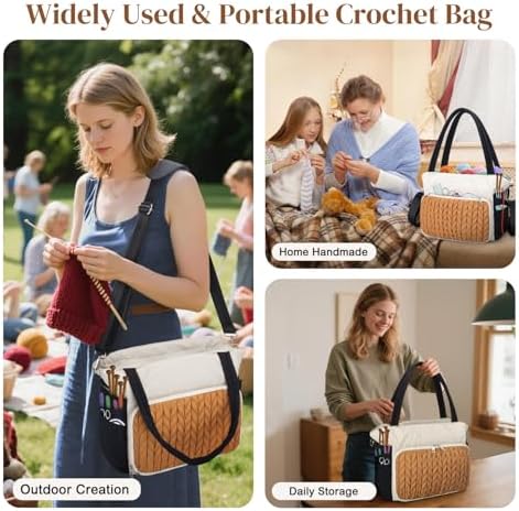 DALINDA Crochet Bag Organizer,Yarn Bag and Tote- Yarn Storage with Multiple Pockets for Crochet Supplies, Knitting Bag for Gifts,Portable & Durable(Brown)