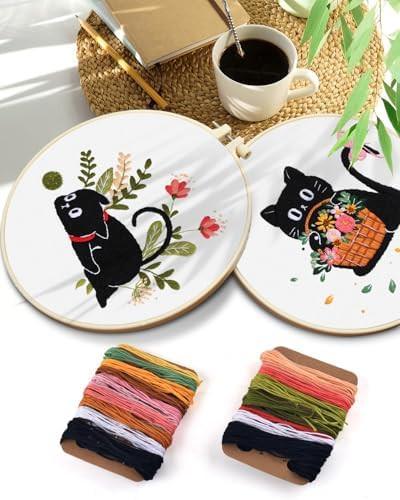 TINDTOP 2 Pack Embroidery Kit for Adult Beginners, Embroidery DIY Starter Kit, with Black Cat and Flowers Stamped Patterns, Hoop, Tools, Colorful Threads with Needles, Instructions