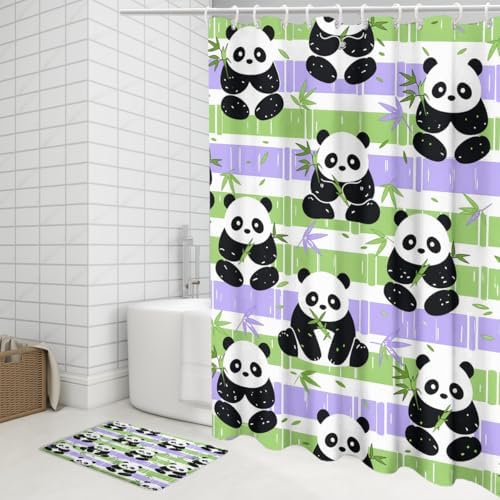 Funny Cute Japanese Panda 4 Piece Shower Curtain Sets,Abstract Cartoon Baby Panda Bears Non-Slip Rugs,Toilet Lid Cover and Bath Mat,Spring Forest Bamboo Print Bathroom Decor Set