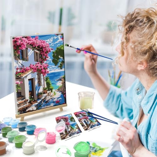 ATDMS Paint by Numbers Kit for Adults with Frame Landscape Paint by Number with Easel DIY Flowers House Adult Paint by Number Kits Paint by Numbers Kit on Canvas for Gift Home Wall Decor 8x12 Inch