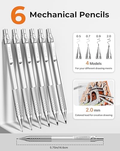 STAGEEK 30Pcs Silver Metal Mechanical Pencil Set with Leather Case | 6PCS Art Drafting Pencils, 0.5, 0.7, 0.9, 2.0MM Mechanical Drawing Pencils, with 300PCS(6B/4B/2B/HB/2H/4H/Colors)Lead Refills