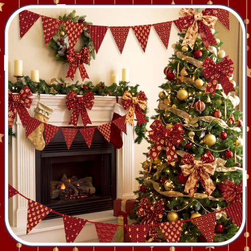 HunnmingRe 20 Pcs 10''x10'' Red Gold Christmas Quilting Fabric Square Winter Precuts Quilted Fabric Bundle Reindeer Snowflake Printed Sewing Material for Patchwork Scrapbook Junk Journal DIY Craft