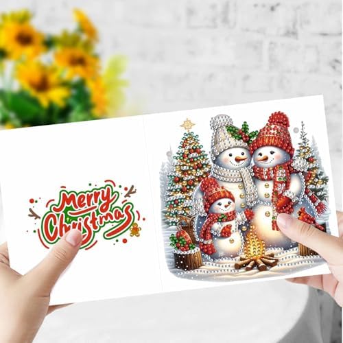 Zyvoreva 12 PCS Christmas Snowman Diamond Art Greeting Cards with Envelopes, Diamond Painting Greeting Cards Kit for Adults DIY Holiday (red)