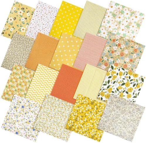 HunnmingRe 20 Pcs 10''x10'' Yellow Flower Quilting Fabric Square Spring Floral Precuts Quilted Fabric Bundle Plaid Polka Dot Stripes Printed Sewing Material for Summer Patchwork DIY Craft Supplies