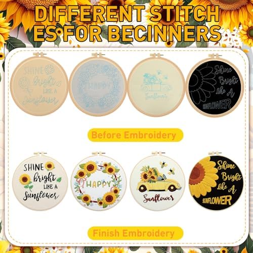 Riceshoot 8 Set Sunflower Embroidery Kits for Beginner Adults Bee Cross Stitch Kit DIY Needlepoint with Pattern Instruction, Hoop, Embroidery Fabric, Thread, Needle, Scissor, Gift for Home Decor