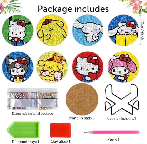 YSUNETER 8 PCS Cartoon Diamond Art Coasters Kits, DIY Drink Coasters Art Crafts Supplies for Adults, Non-Slip 3.9 inch