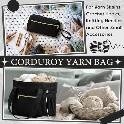 Bulyoou 2 Pcs Crochet Tote and Yarn Bag Set Corduroy Yarn Holder,Black