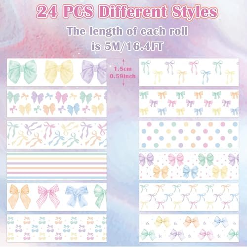 Watercolor Bow Washi Tape - 24 Rolls Colorful Watercolor Bow Pastel Preppy Aesthetic Scrapbook Washi Adhesive Glue Masking Tape Set School Office DIY Craft Scrapbooking Junk Journal Supplies