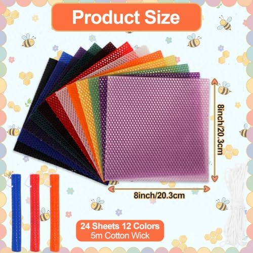 24 Pack Beeswax Sheets For Candle Making, 8x8 Inch Beeswax Candle Making Kit Assorted Colors, Beeswax Candle Making Kit For Kids And Adults DIY Craft, Natural Honeycomb Wax With 24 Cotton Wicks
