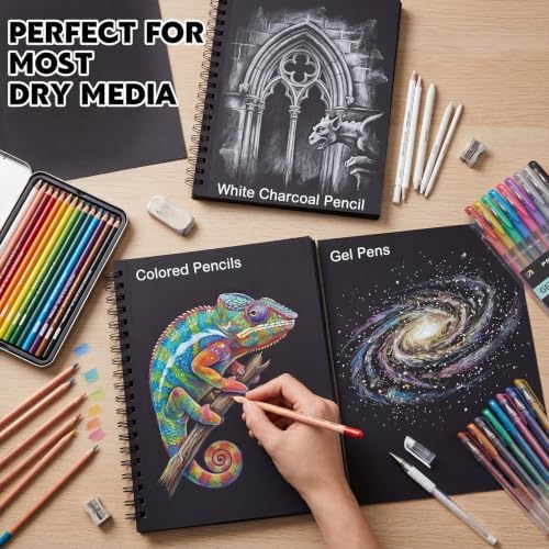 2 Pack Black Paper Sketchbook, 5.5 × 8.5 in, 100 Sheets, Spiral Bound