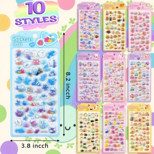 3D Puffy Stickers, 10 Sheets 500+ PCS Mini Kawaii Resin Decorative Stickers for Scrapbooking Phone Case, Notebook, Journal