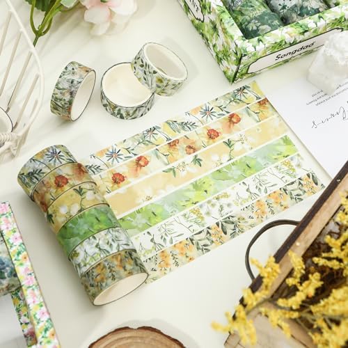 18 Rolls Blossom Washi Tape Set Floral Arts Adhesive Tapes Flowers Garden Decorative Masking Tape Sets for Craft, Kids, Scrapbook, DIY, Gift Wrapping (Golden Harvest)