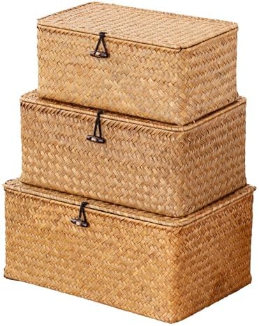 Nonam Wicker Storage Basket with Lid,Seagrass Shelf Basket Set of 3,Nautral
