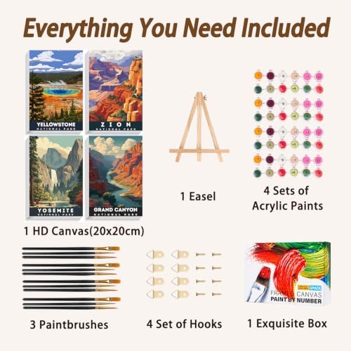 4 Pack Framed Paint by Numbers Kit for Adults, National Park, 8x12 inch | Paint by Number for Adults, Beginner Friendly, Framed Canvas, Easel Included, Fun and Relaxing, Gifts Box, Home Wall Decor