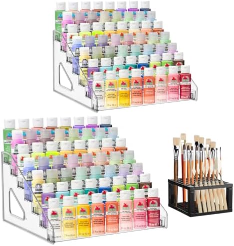 YEXEXINM 2 Pcs Clear Paint Organizer With Paint Brush Holder,7 Layers Acrylic Paint Organizer,Paint Storage Rack,Craft Paint Organizer Rack,Miniature Paint Holder for Paint Storage