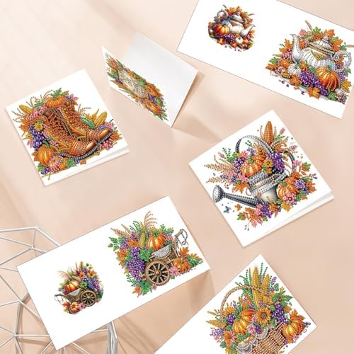 6 Pack Thanksgiving Diamond Painting Greeting Card Kits, DIY Fall Harvest Rhinestone Cards with Envelopes, Autumn-Themed Diamond Art Craft Set with Pumpkins, Corn, Grapes and Give Thanks Message