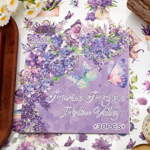 Purple Garden Scene Theme Sticker Scrapbooking Supplies for Junk Journal, 30 Sheets PET Stickers - Vintage Journaling Stickers, Ephemera Sticker Book Pre Cut(TZ-005-003)