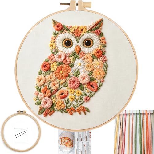 FONNUY Floral Owl Embroidery Kit for Beginners, DIY Handmade Flower Animal Embroidery Set with Hoop, Stamped Cross Stitch Kit for Adults, Unique Home Wall Art Decor & Craft Gift (Orange)