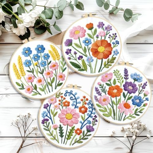 ORIGACH 4 Pack Easy Flower Embroidery Kits for Beginners DIY Starter Hand Embroidery Kit with Floral & Plants Patterns and Instructions for Adults Women Crafting