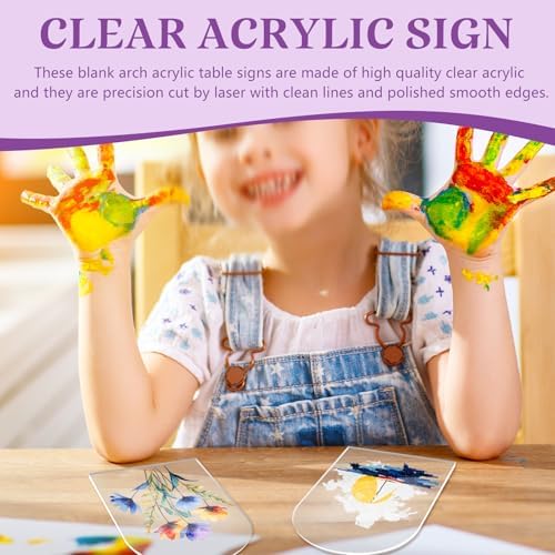 Bercoor 5 Pack 4x6 Inch Blank Clear Arch Acrylic Sign with Wooden Stands, Arched Round Top Acrylic Sheet, DIY Acrylic Arch Table Numbers for DIY Name Card Gifts Event Party Sign Decoration