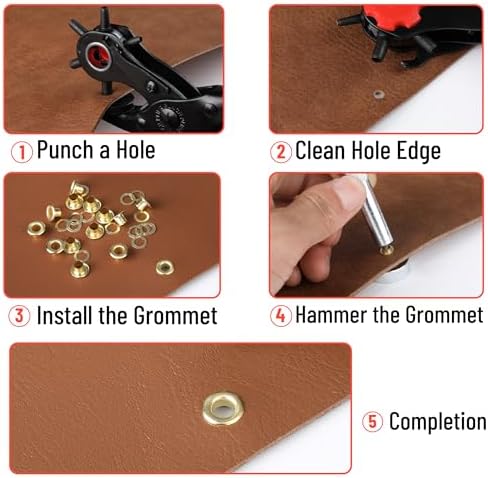 UNCO- Leather Hole Punch Tool Set, Red Handle, Multi Punch Sizes, Belt Hole Puncher for Leather, Belts, Straps, Pet Collars, Shoes, Saddles, Canvas & DIY Crafts, with Grommet Eyelet Kit 100 Set