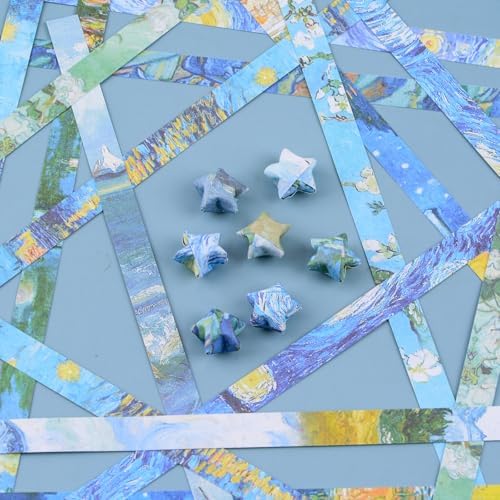Origami Star Paper Strip, 1200Pcs Double-Sided Printing Lucky Star Paper Strips Van Gogh's Painting Themed Origami for DIY Craft, 12 Patterns