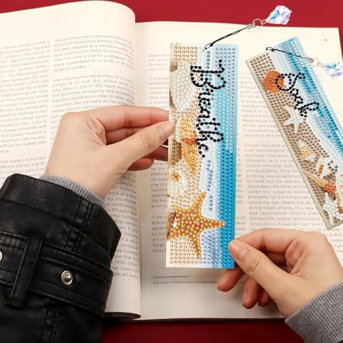 Mandun 4 Pcs Diamond Painting Bookmark Kits, Special Shaped Diamond Art Bookmarks with Pendant, DIY Beach Diamond Art Bookmarks with Tassels Crafts Gifts Supplies