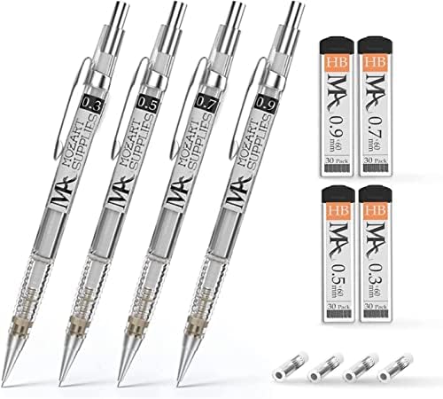 MozArt Mechanical Pencil Set 4 Sizes 0.3 0.5 0.7 0.9mm HB Lead Clear
