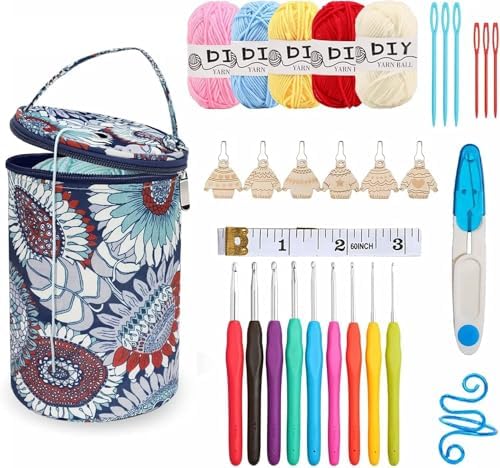 Crochet Kit Set with Portable Travel Bag, 9 Ergonomic Soft Handle Hooks (2.0-6.0mm), 5 Yarn Balls, Stitch Markers, for Beginners (Multi)
