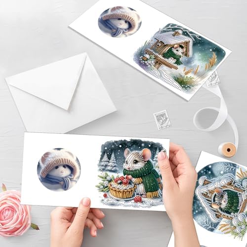 antor 6 Pack Christmas Diamond Art Cards with Envelopes, DIY Special Shaped Rhinestone Diamond Painting Greeting Card Kit, Winter Mouse Design for Adults Holiday Craft