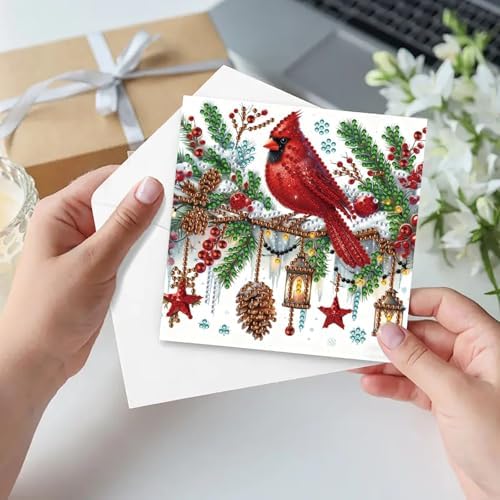 6Pcs Christmas Greeting Card DIY Diamond Art Painting Greeting Cards Blessing Folding Card Kit with White Envelopes Diamond Arts Crafts for Birthday Festival Gift-Cardinal