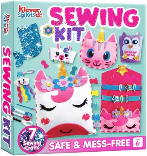Klever Kits 7 Sewing Projects- My First Kids Sewing Kit- Easy DIY Arts and Crafts for Girls, Craft Kits, Birthday Gifts for Kids Aged 6+, Unicorn and Mermaid Pillow