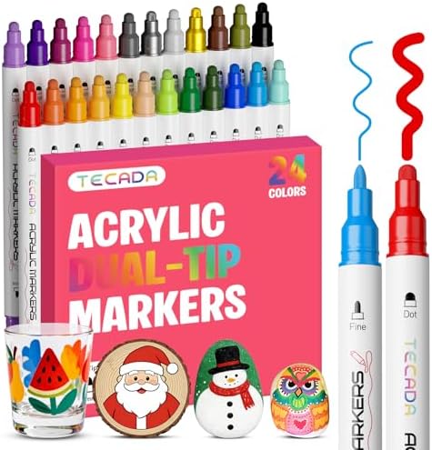 24 Colors Acrylic Paint Markers, Dual Tip Acrylic Paint Pens
