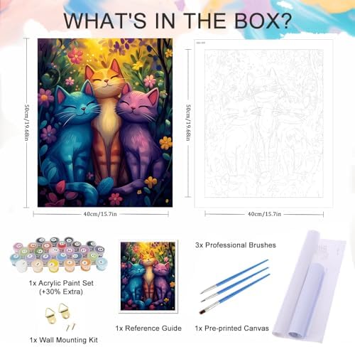 Natuyalo Paint by Numbers Kit for Adults Beginner, Three Little Cats in Flowers Painting by Number Kits on Canvas, Animals Acrylic Paint by Number Kit DIY Painting Kits Home Wall Decor Gift 12X16 inch