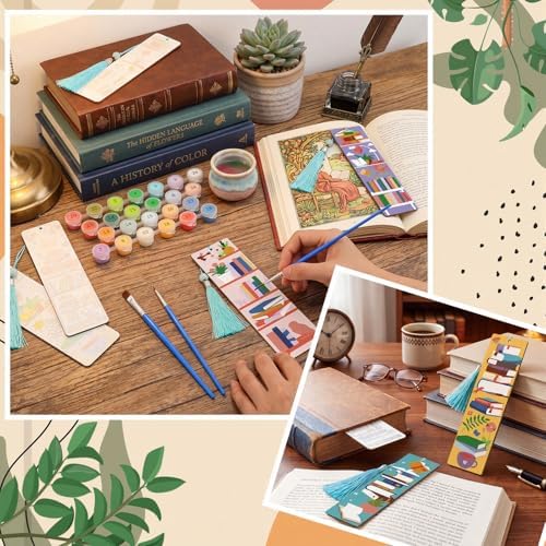 Kosiz 12 Pcs Book Paint by Number Kit for Adult Wood Bookmark | Mini Paint by Numbers Kit, Painting Decor, Back to School Tassels Blank Bookmark, for Small DIY Craft Book Lovers Gift 7x2 ''