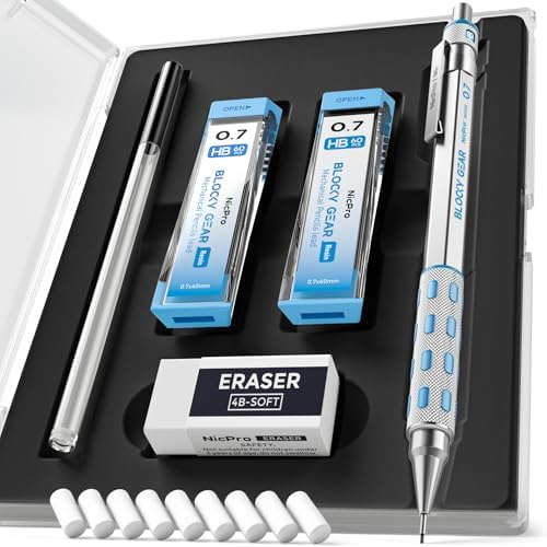 Nicpro 0.7 mm Mechanical Pencil, Metal Drafting Pencil with Eraser