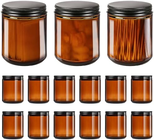 GIVAMEIHF 8oz Amber Glass Jars with Lids 15 Pack - Empty Candle Jars for making candles,Cosmetic Jar,Amber Cntainers with Lids for Lotions,Creams,Spices
