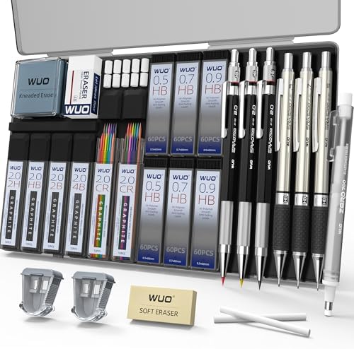 WUO 36PCS Art Mechanical Pencil Set with Storage Case, Metal Drawing Pencil | 0.5, 0.7, 0.9mm & 3PCS 2mm (2H HB 2B 4B Color) & 432 Lead Refills, 1 Eraser Pen, Artist Tech Pencils for Sketching, Drafting
