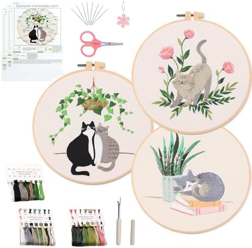 Ohcol 3 Sets Cat Embroidery Kit,Needlepoint Kits for Adults Beginner,Needle Point Sets with Washable Pre-Printed Pattern,1 Hoop,Women Hand Crafts