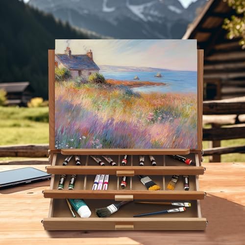 Large Adjustable Tabletop Easel with 3 Storage Drawers & Palette, Portable Solid Beech Wood Sketch Box Art Station for Painting, Desktop Travel Easel for Adults, Artists, Students,Beginners