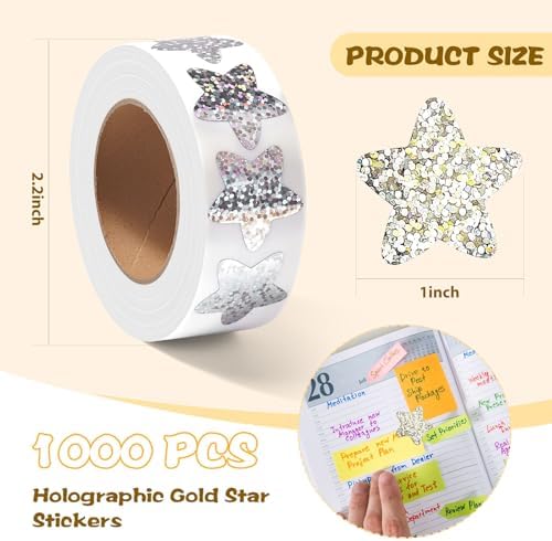 Gsinodrs 1000Pcs Silver Star Stickers - 1 Inch Holographic Self-Adhesive Metallic Foil Star Labels, Sparkly Reward Stickers for Classroom Supplies, Teacher Incentives & Behavior Tracking