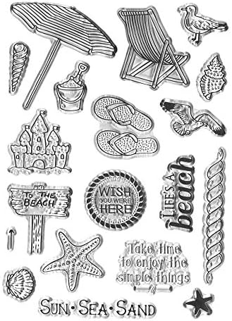 Summer Beach Vocation Clear Stamps for Card Making Decoration, Ocean Sea Sun Sand Words Castle Transparent Rubber Seal Stamps for Photo Card Album DIY Scrapbooking Crafting Supplies