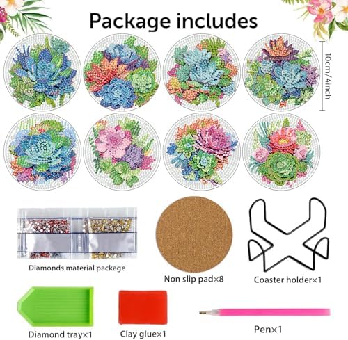 8 Pcs Green Plants Diamond Art Coasters Kit for Adults with Holder 4x4in