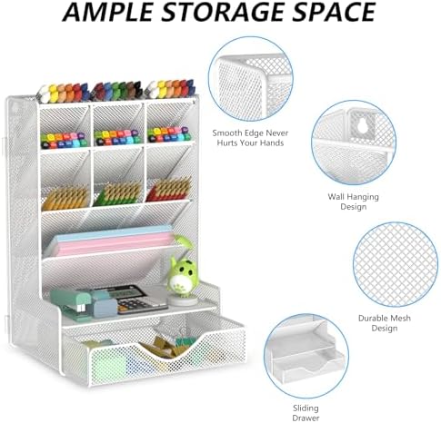 BOHDK Pen Organizer for Desk, Multi-Functional Desk Organizer, Wall Mount Pen Holder with Drawer for School, Office, Home, Art Supplies, White
