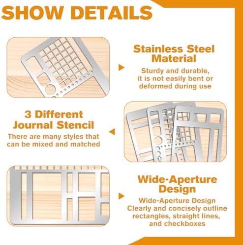 3 Pcs Record Template Metal Planner Stencils for Journaling 5.2X2.3 Inch Flexible Journal Template Stainless Steel Calendar Stencil for Weekly Spread Checklist Drawing DIY Crafts Supplies