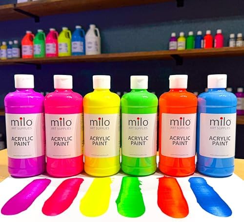 milo Fluorescent Acrylic Paint Set, 6 Neon UV Colors, 16 oz Bottles