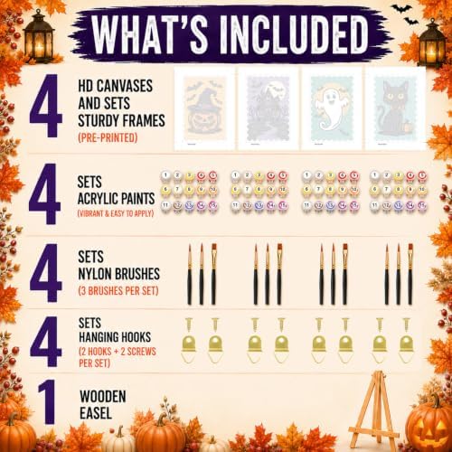 HITO 4 Pack Halloween Paint by Numbers Kit for Kids 6-8-12 with Frame Easel