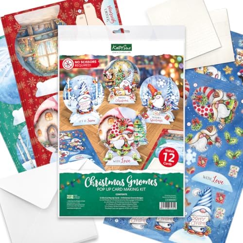 Katy Sue Christmas Gnomes Die Cut Pop Up Card Making Kit for Adults. Makes 12 Cards & Contains Gnome Die Cut Decoupage Paper Sheets, Supports, Envelopes, & Foam Pads For Christmas Card Making Supplies