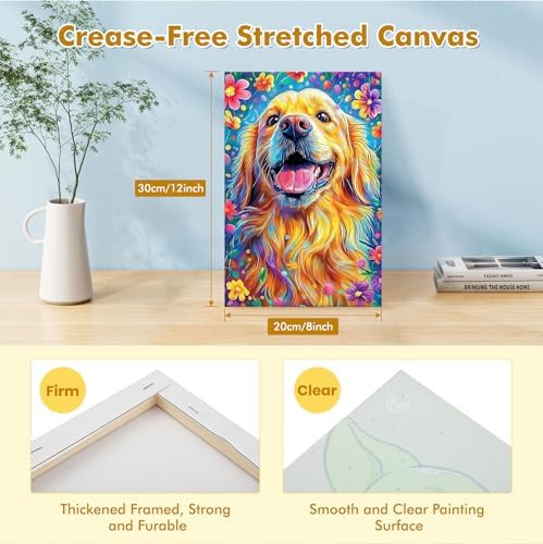 Bowetile Framed Paint by Numbers Dog for Adults Beginners, Adults' Paint-by-Number Dog Kits, Easy Adult Paint by Number Kits on Canvas, Acrylic Animals Number Painting for Home Decor, 8x12in