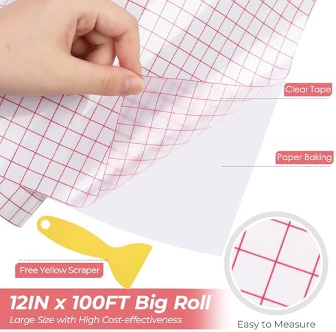 HTVRONT Transfer Tape for Vinyl, 12" x 100 FT, Red Alignment Grid